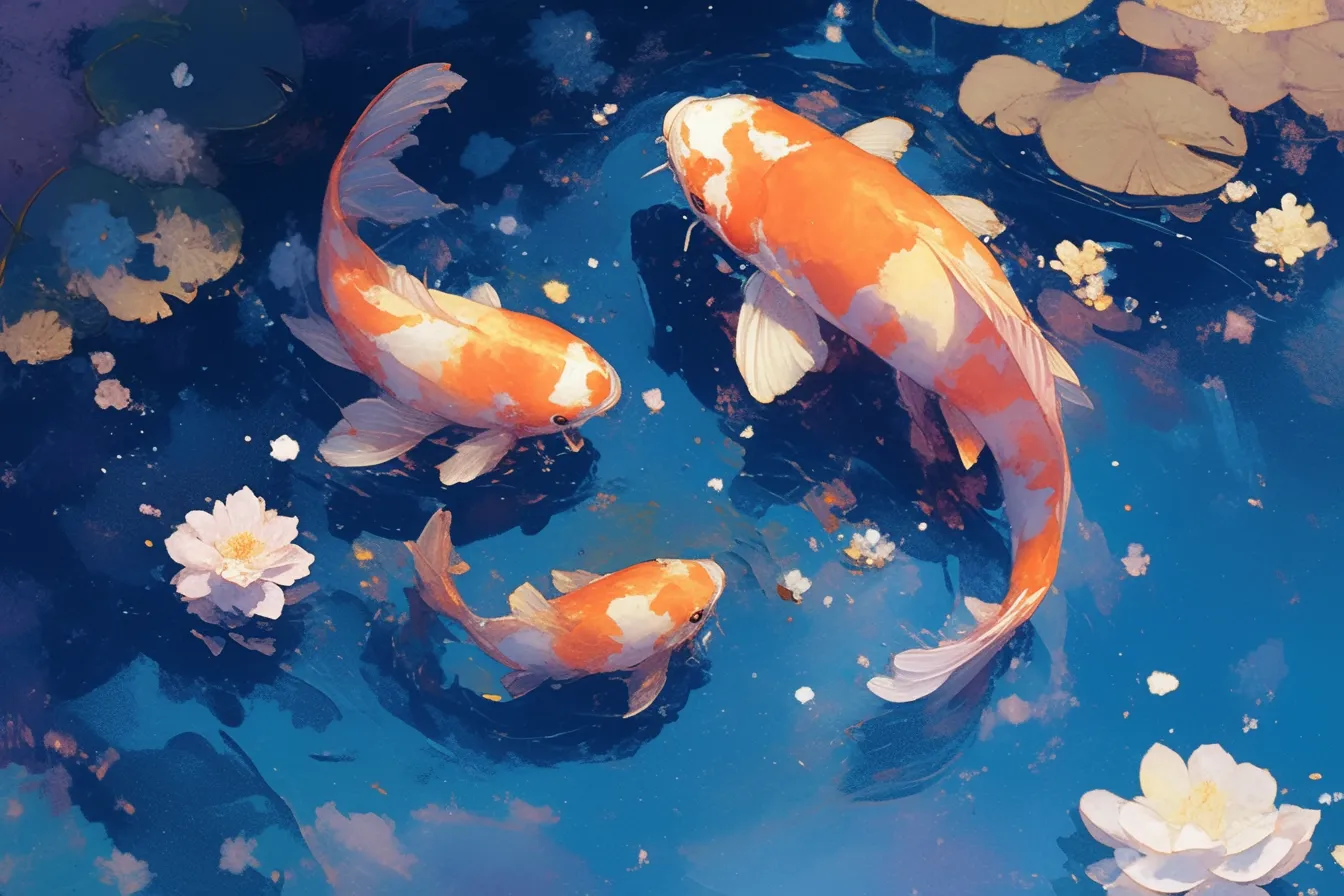 睡蓮と共に泳ぐ鯉の魚の絵｜睡蓮の花と鯉が共に描かれた魚の絵で、優美で落ち着いた雰囲気が漂います。水辺の静けさと華やかさを兼ね備えており、ビジネスシーンでは癒しや調和を訴求するデザインに適しています。