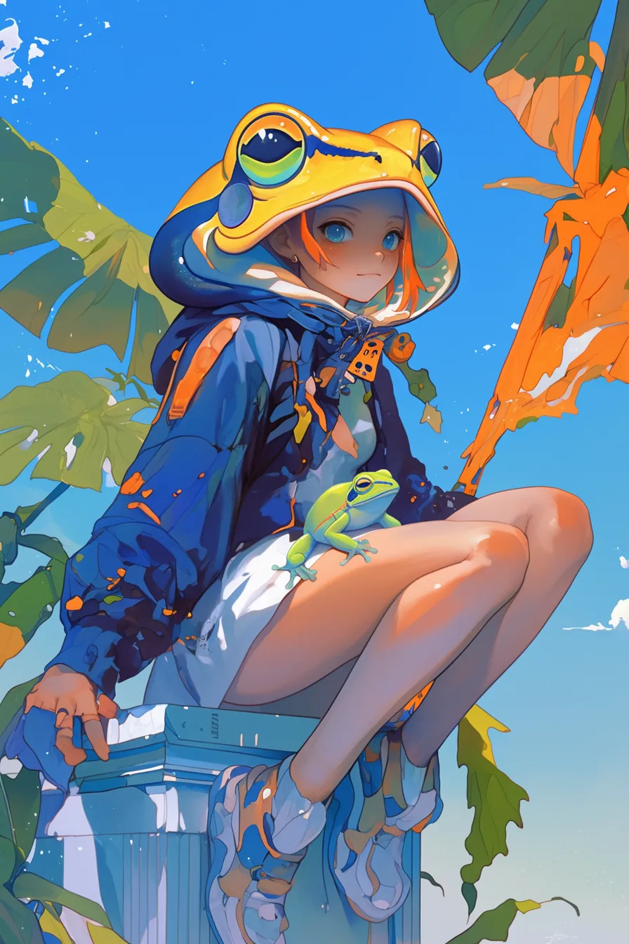 カエルの絵と少女の幻想的な構図｜鮮やかな色彩と現代的なキャラクターデザインが融合したカエルの絵です。幻想的でありながら親しみやすい雰囲気があり、広告やクリエイティブなビジネス素材として利用しやすい印象を与えます。