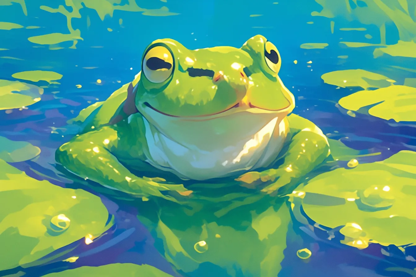 カエルの絵と水辺の表情｜水面から顔を出す構図で描かれたカエルの絵です。ユーモラスで親しみやすい雰囲気があり、子ども向け企画や軽やかな企業コンテンツに適しています。