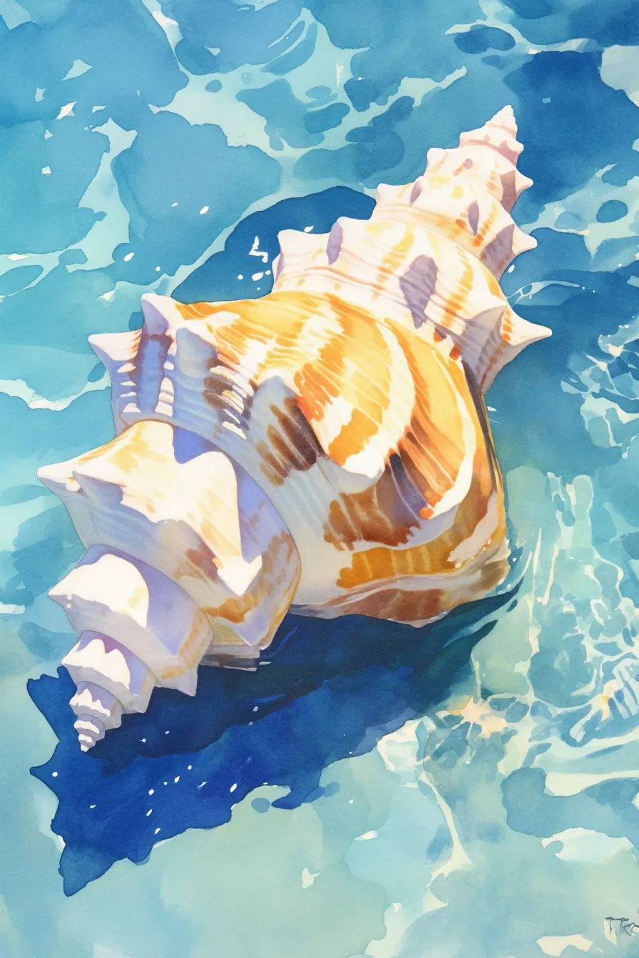 海中に浮かぶ大きな貝殻の絵｜水面に浮かぶ巨大な巻き貝を鮮やかに描いた貝殻の絵です。写実性と彩度の高い表現が特徴で、リゾートや旅行関連のビジュアルに適した商業利用価値の高い素材です。