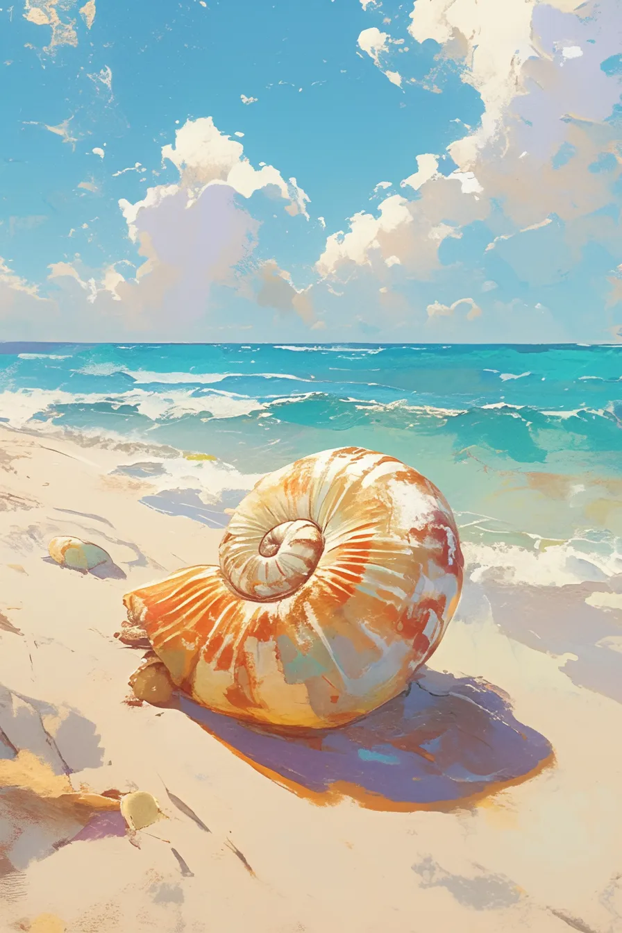 砂浜に佇む大きな貝殻の絵｜広い砂浜と海を背景に存在感ある貝を描いた貝殻の絵です。空と海の開放感が伝わり、観光やリラクゼーションをテーマにしたビジネス用途に効果的な印象を与えます。