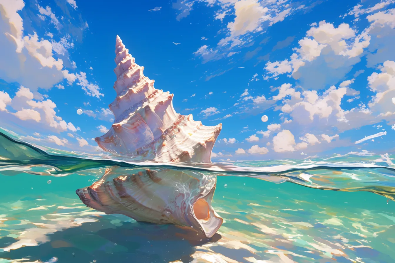 海と空を背景にした貝殻の絵｜透明感のある水面と青空を背景に堂々とした形で描かれた貝殻の絵です。壮大さと清涼感を兼ね備え、ビジネスシーンでのイメージ訴求に効果的なビジュアルです。