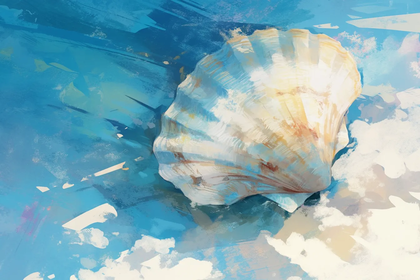 空に浮かぶ幻想的な貝殻の絵｜雲と青空に漂うように配置された幻想的な貝殻の絵です。現実離れしたユニークな表現が注目を集めやすく、創造性を重視するプロジェクトに最適なビジネス素材です。