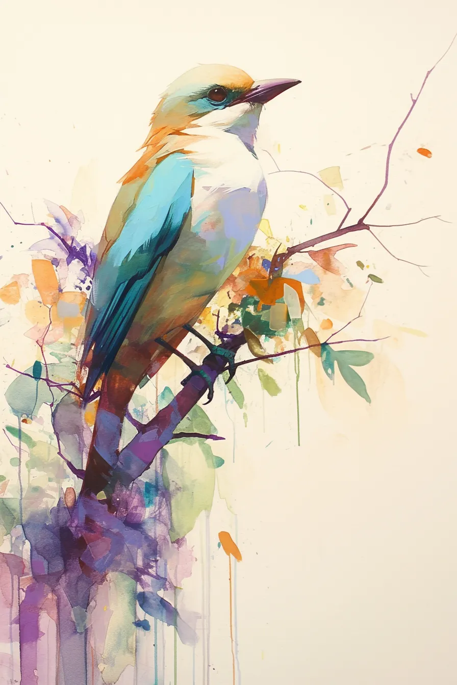 枝にとまる色彩豊かな鳥の絵｜水彩風のにじみが活かされた表現で描かれた鳥の絵です。鮮やかな色彩と柔らかな雰囲気が特徴で、アート性を強調したビジネス素材として印刷物や広告に適しています。