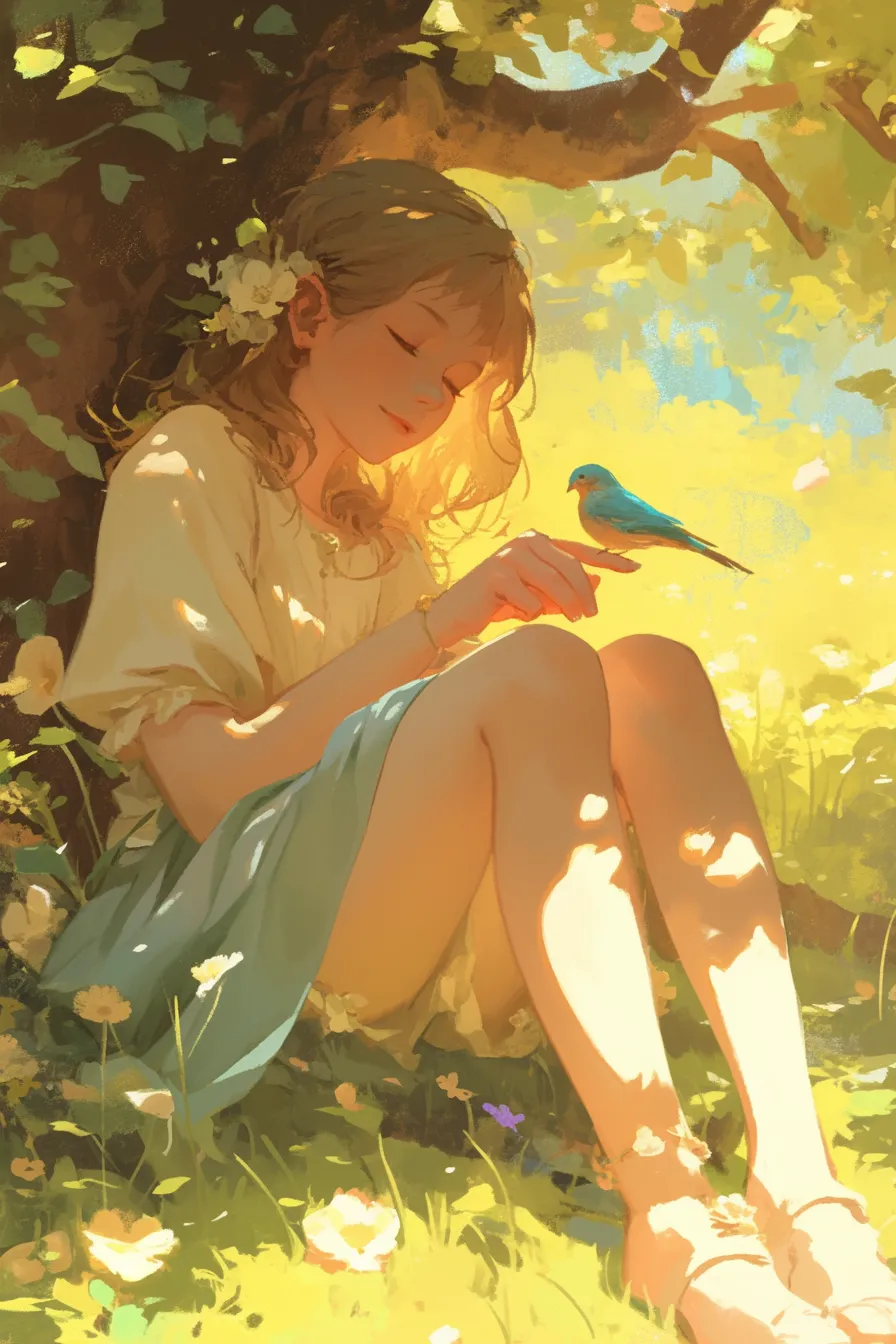少女と小鳥の心温まる鳥の絵｜柔らかい光に包まれた少女と小鳥を描いた鳥の絵です。温かみのある描写が見る人に安心感を与え、癒しや自然との調和をテーマにしたビジネス素材に活用可能です。