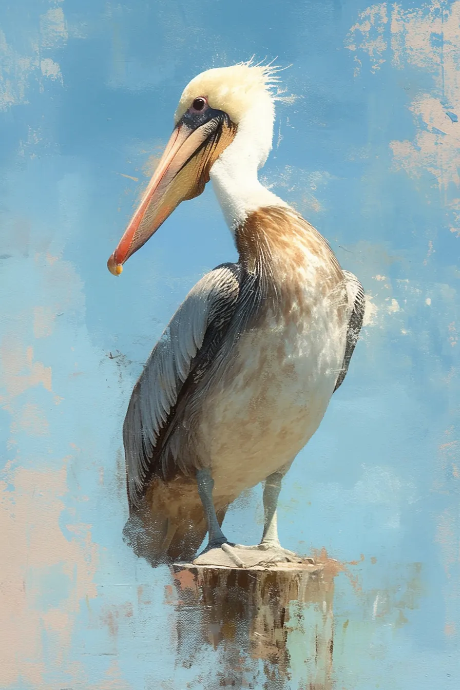 木杭に立つペリカンの鳥の絵｜リアルさを残しつつ絵画風に仕上げたペリカンの鳥の絵です。堂々とした佇まいが印象的で、海や旅、自然関連のビジネスシーンで説得力を持たせられる素材です。