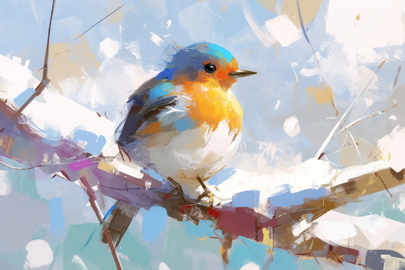 小枝にとまる小鳥の鮮やかな鳥の絵｜鮮烈な色彩と筆致が特徴的な小鳥を描いた鳥の絵です。生き生きとした表情が魅力で、明るいトーンのデザインやポスターなどで効果的に使用できます。