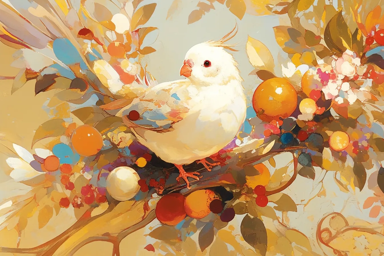 果実と小鳥の華やかな鳥の絵｜色彩豊かな果実とともに小鳥が描かれた鳥の絵です。華やかで装飾的な印象があり、商業施設の装飾や販促用ビジュアル素材として高い活用度を持っています。
