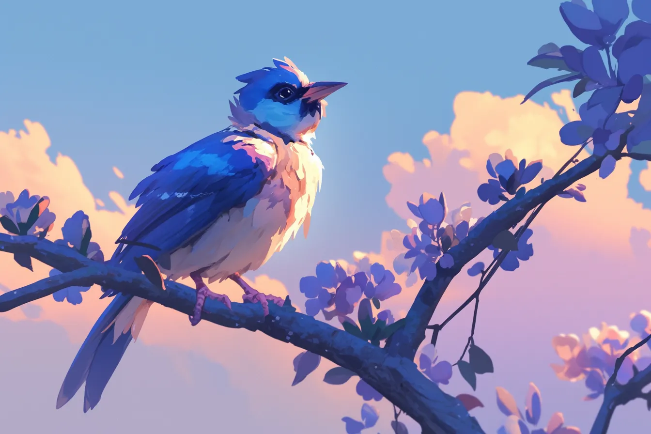 夕空と青い小鳥の鳥の絵｜夕暮れの空を背景に青い小鳥を描いた鳥の絵です。落ち着きと幻想的な雰囲気があり、感性に訴えるビジュアルとして広告やブランディングに利用できます。