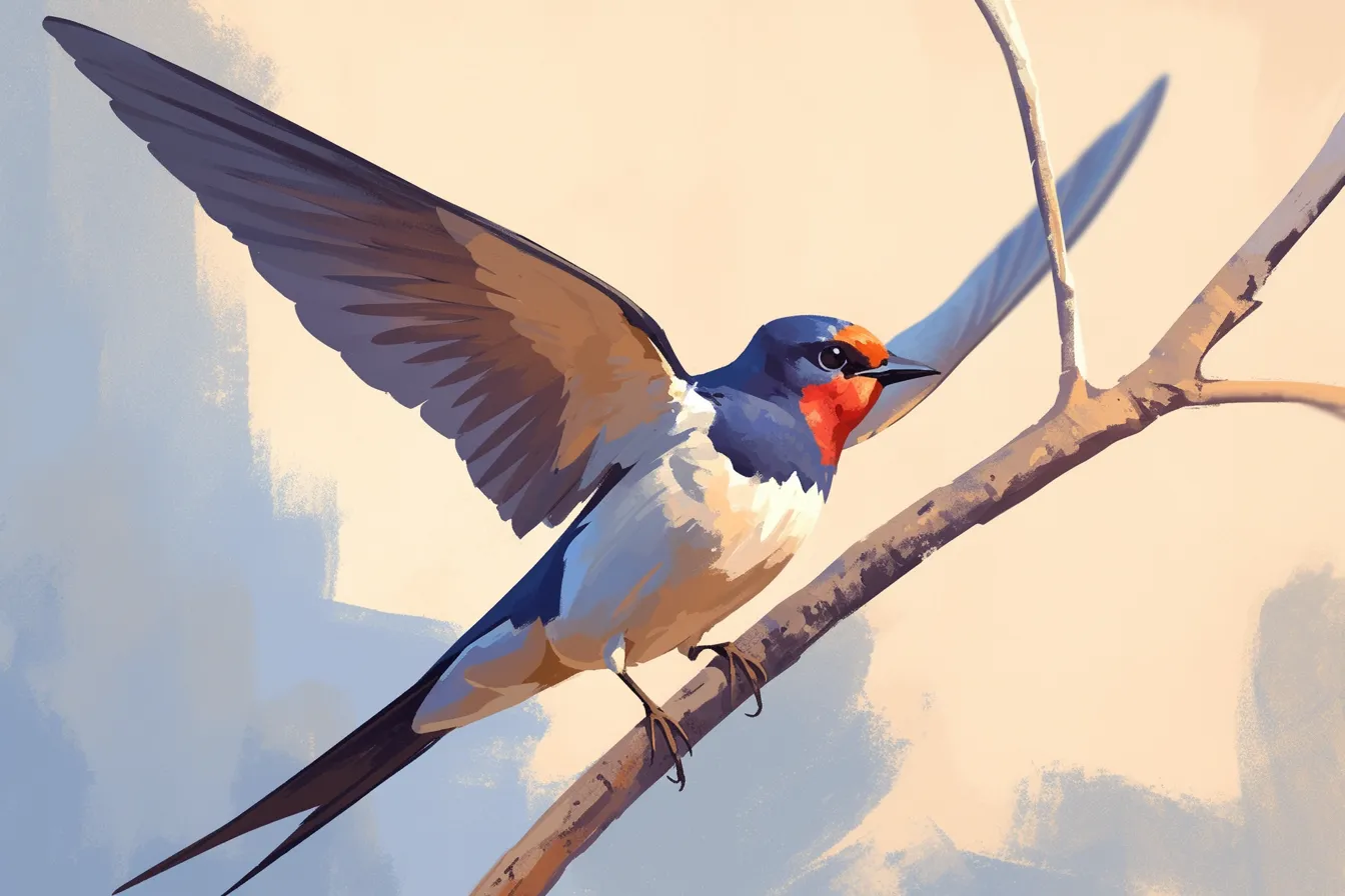 枝に舞い降りるツバメの鳥の絵｜翼を大きく広げたツバメを描いた鳥の絵です。動きと力強さを表現した描写で、スピード感や挑戦をテーマにしたビジネス活用にふさわしい素材です。