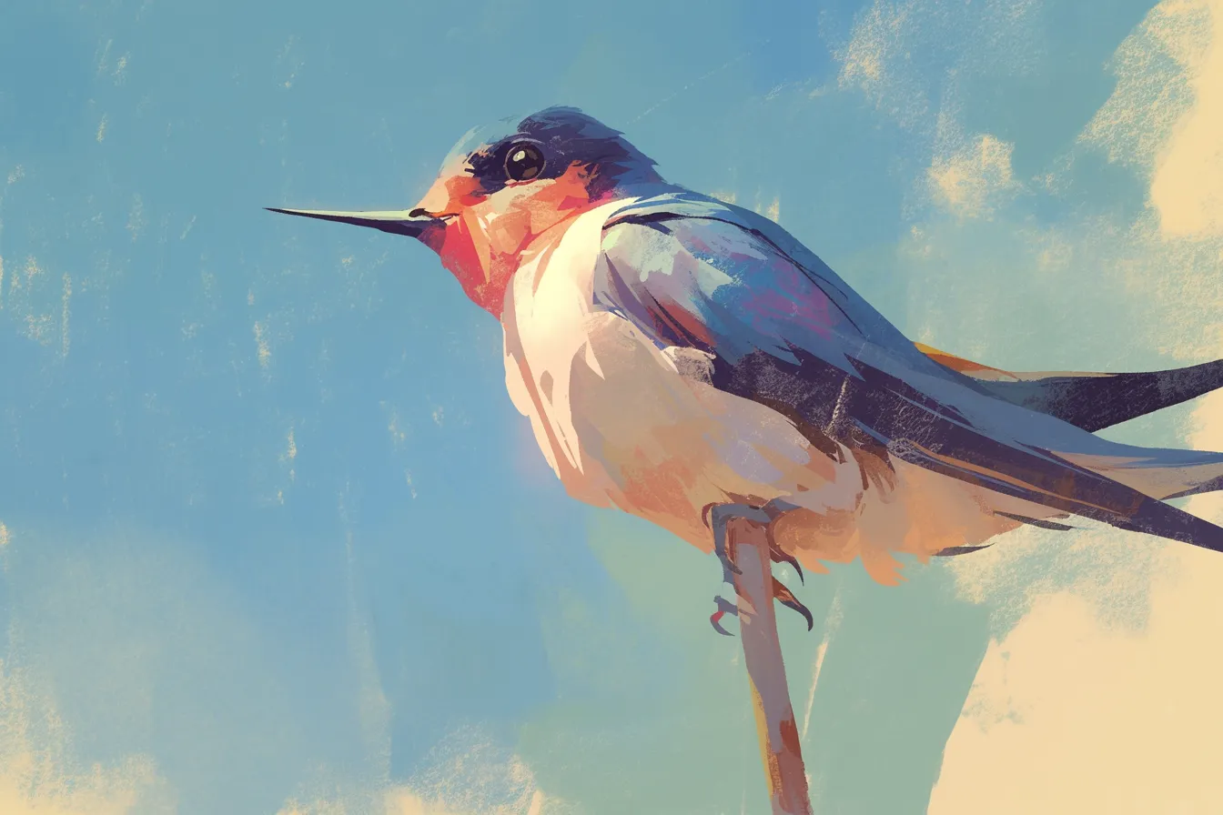 青空に映えるツバメの鳥の絵｜澄んだ青空を背景に描かれたツバメの鳥の絵です。軽やかで希望に満ちた印象があり、未来志向のデザインやプロモーション素材として活用度が高いです。