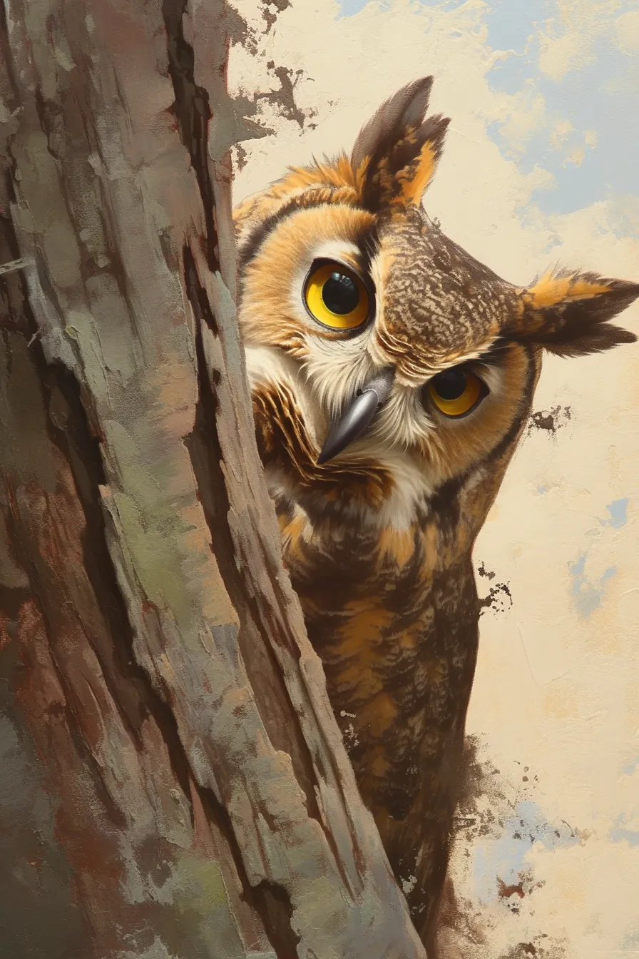フクロウの絵 木の陰から覗く姿｜リアルな筆致で描かれたフクロウの絵は、木の陰から大きな瞳を覗かせる構図が印象的です。自然観察や動物関連のビジネス写真素材として活用でき、観察や探求のイメージ表現に適しています。