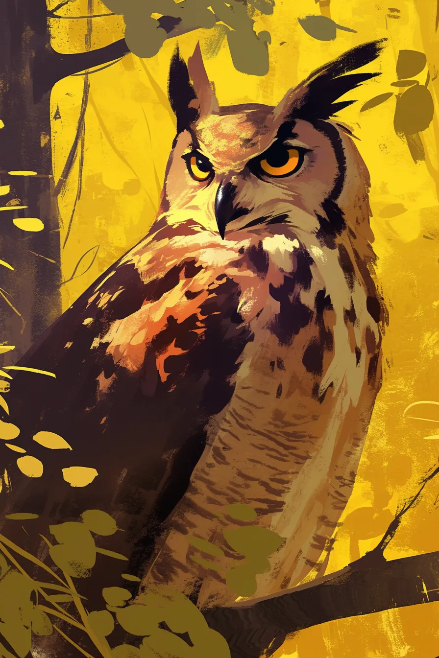 フクロウの絵 黄色背景に映える姿｜黄色を基調とした背景に描かれたフクロウの絵は、鮮烈な色彩と強い視線が特徴です。印象的なビジュアルは広告や企画資料の挿絵として使いやすく、注目を集める効果を持ちます。