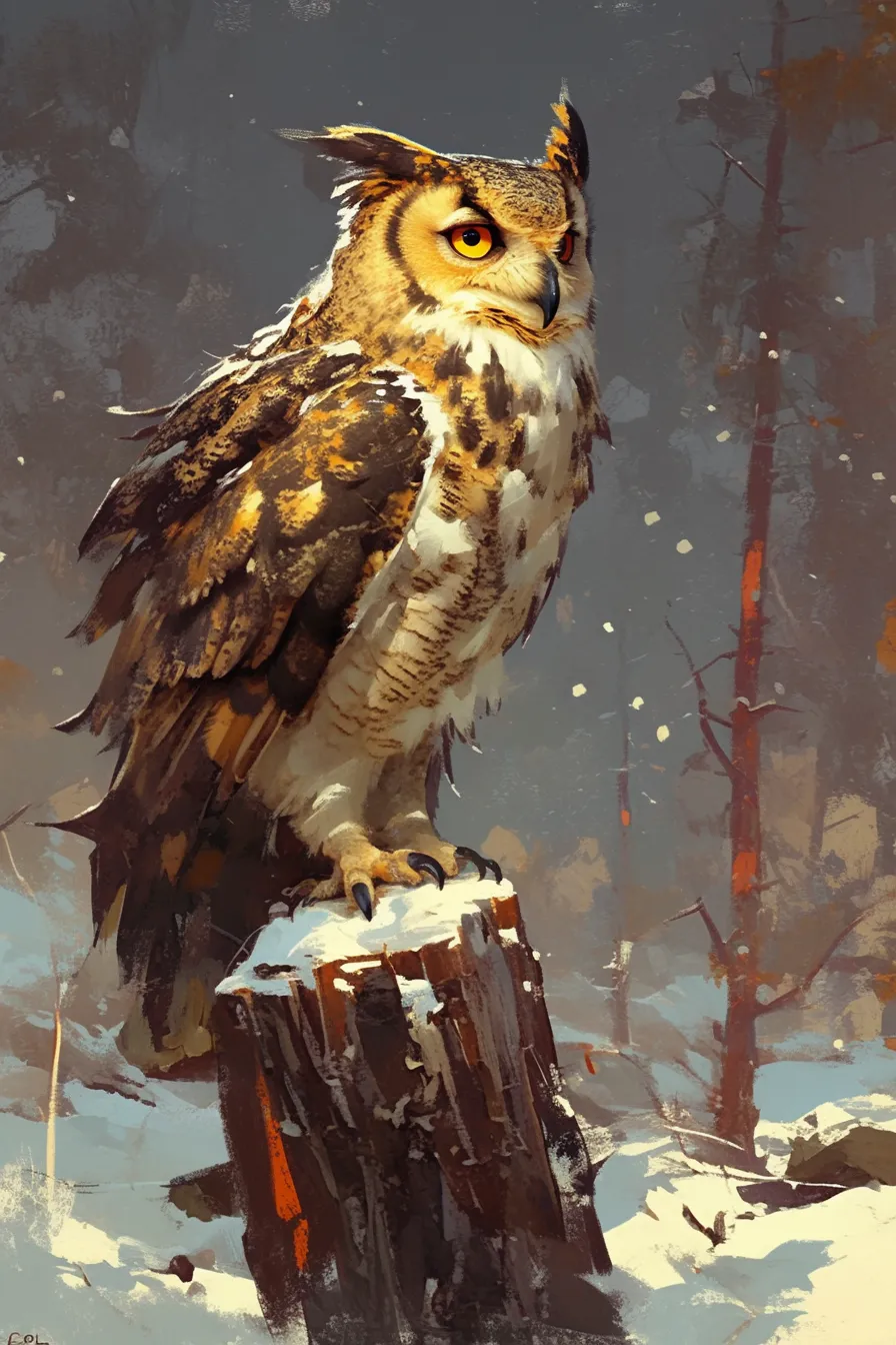 フクロウの絵 雪景色に立つ姿｜冬の森を背景に切り取られたフクロウの絵は、雪上に堂々と立つ姿が力強さを伝えます。厳しい自然環境を象徴するビジネス写真素材として、挑戦や耐久力のコンセプトに最適です。