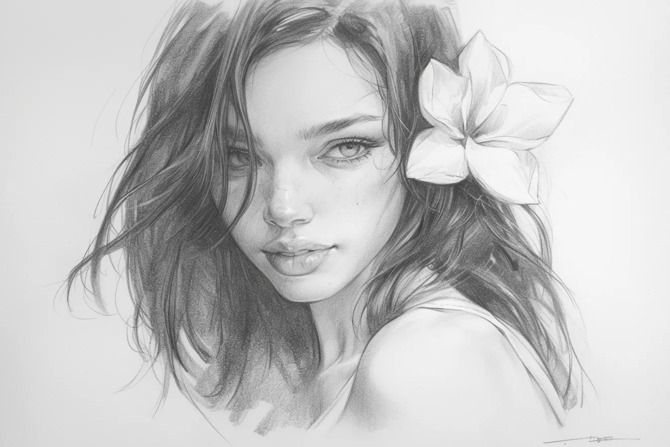 花飾りの女性ポートレート鉛筆の絵｜繊細な線とリアルな描写が特徴の鉛筆の絵です。清楚で落ち着いた雰囲気を持ち、ファッション関連や上品さを強調したビジネス素材に活用しやすい表現になっています。