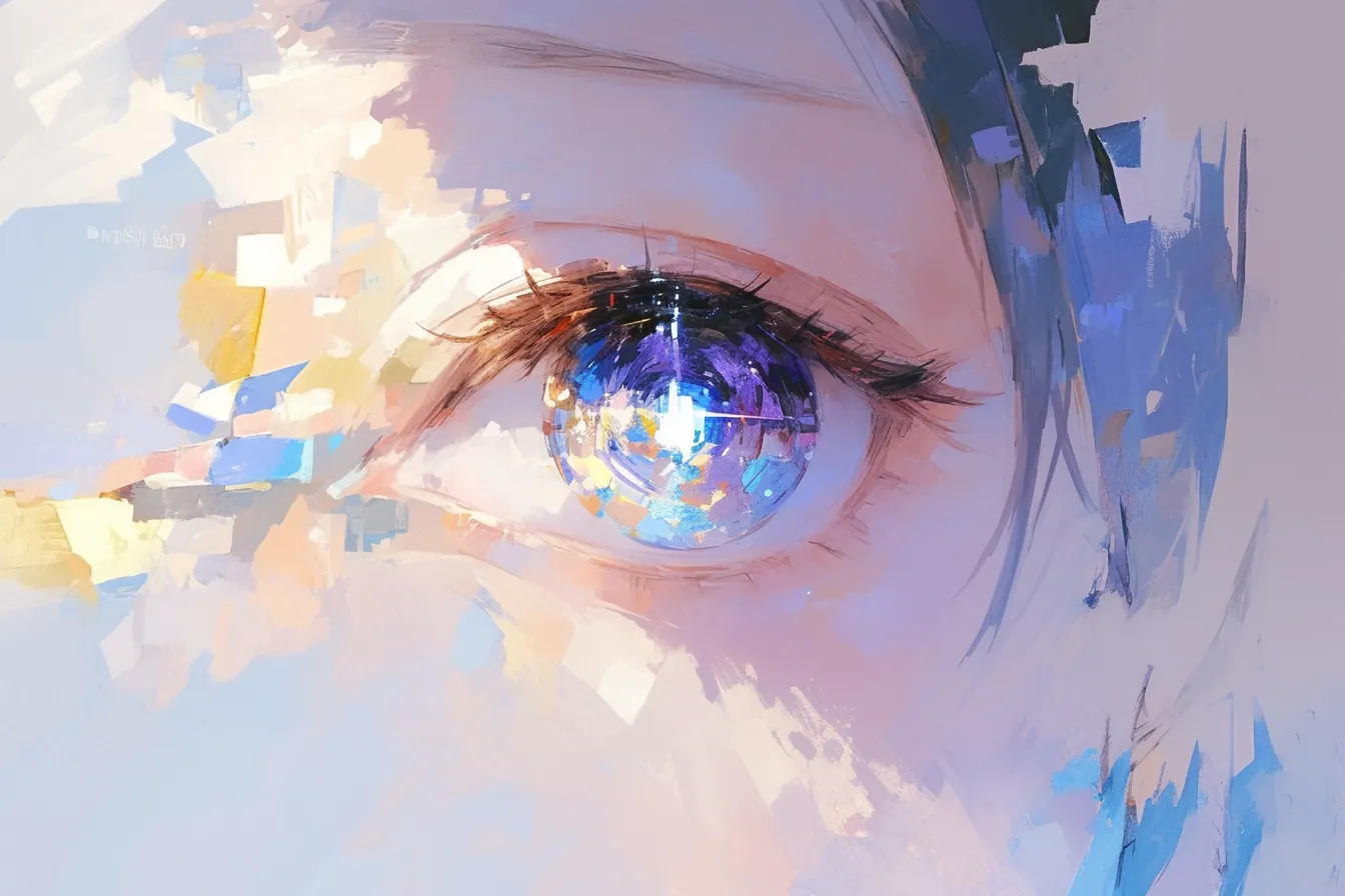 抽象的に描かれた目の絵｜多彩な色と抽象的な筆致で構成された目の絵です。アート感が強く、ビジネス資料やプレゼンのクリエイティブ表現に活かせる素材です。