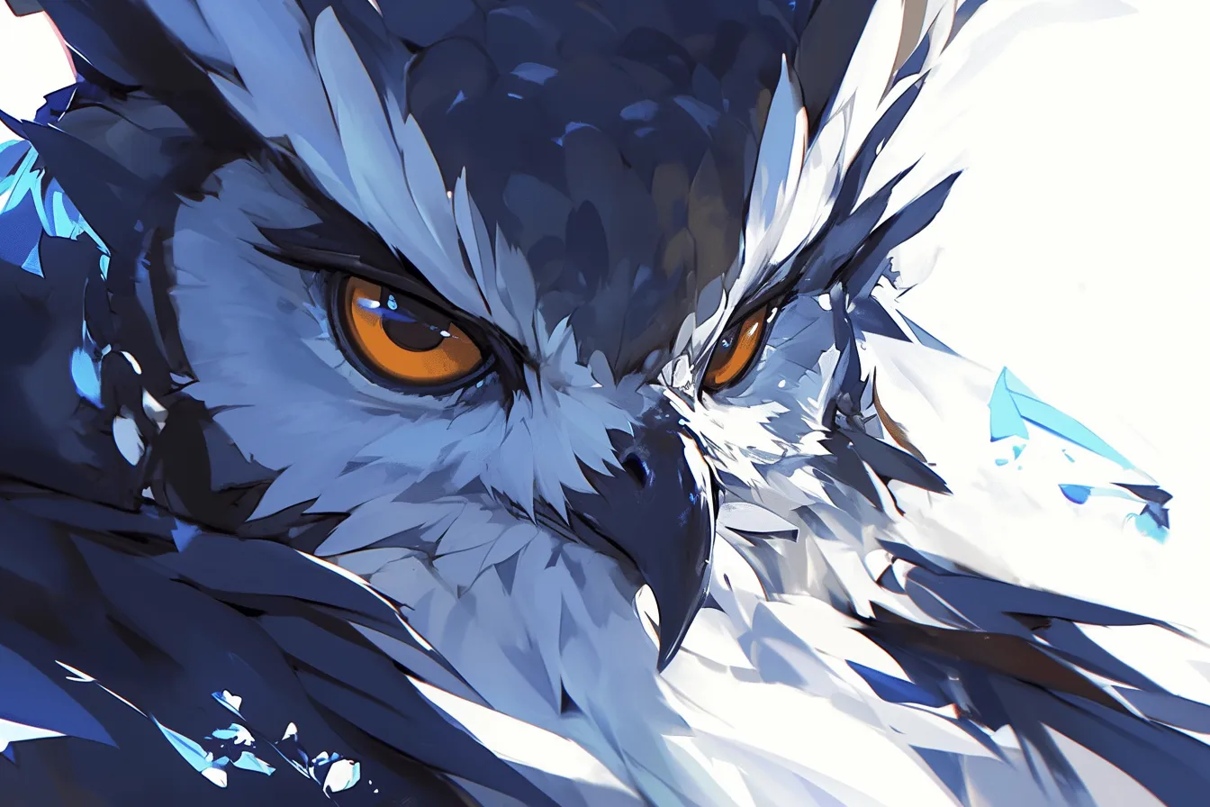 フクロウの絵 鋭い眼差しのアップ｜クローズアップで描かれたフクロウの絵は、鋭い眼差しが迫力を放ちます。印象的な表情はインパクトを求める資料や広告に最適で、力強さや集中を象徴するビジネス写真素材です。
