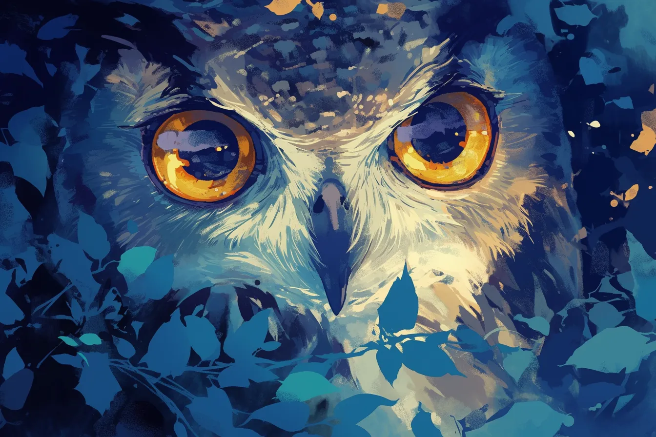フクロウの絵 夜の森に浮かぶ瞳｜夜の森を思わせる背景に強い眼差しを浮かべたフクロウの絵は、幻想的で神秘的な雰囲気を持ちます。ミステリアスなイメージを伝えるビジネス写真素材として、特別感を演出できます。