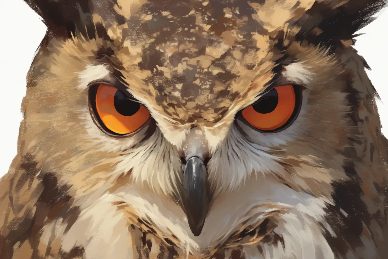 フクロウの絵 赤い瞳の正面アップ｜赤い瞳を強調した正面からのフクロウの絵は、インパクトのある迫力を感じさせます。注視や警戒を象徴する表現として、広告や資料の中で視線を集めるビジネス写真素材になります。