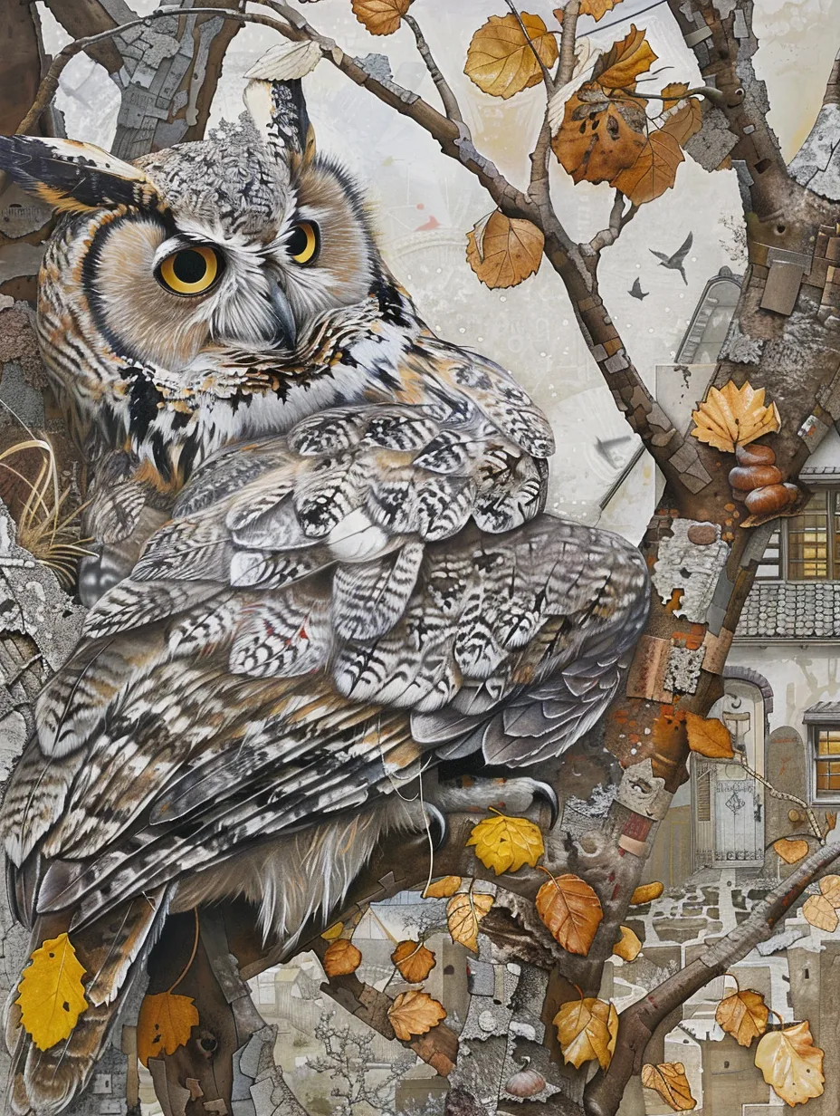 フクロウの絵 秋の葉と共に描かれた姿｜細部まで丁寧に描かれたフクロウの絵は、秋の葉と共に構成されており、リアルさと装飾性を兼ね備えています。芸術的で上品な印象を与えるビジネス写真素材として幅広く活用できます。