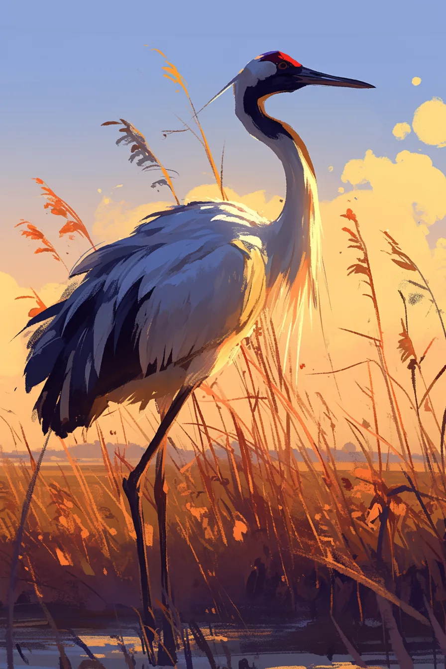 夕暮れの湿地に立つ鶴の絵｜夕暮れの黄金色の光に照らされた湿地の鶴の絵は、温かみのある色彩と静寂を感じさせる構成が特徴です。穏やかな空気感を持ち、リラクゼーション関連のビジネス素材に適応します。