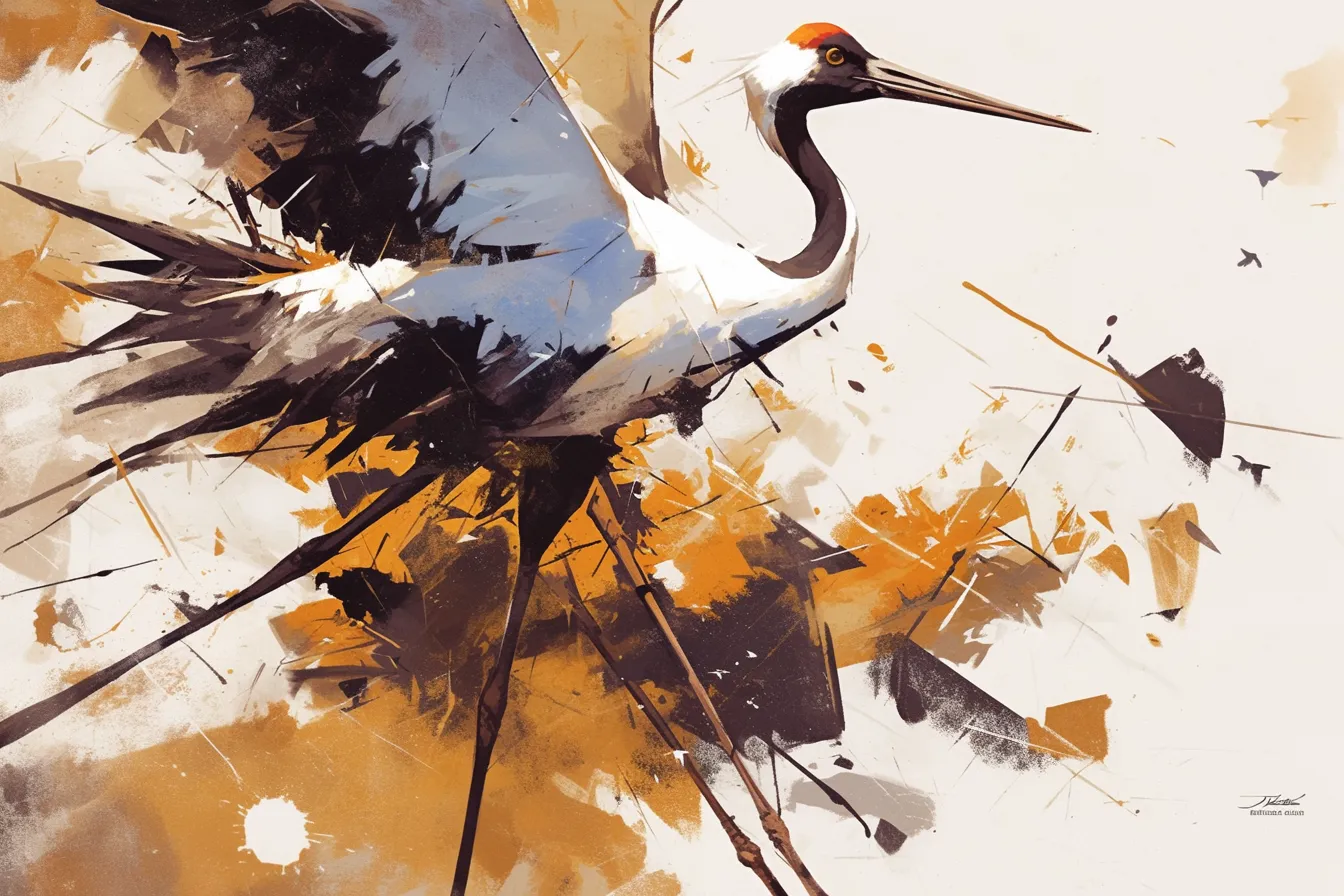 動感あふれる飛翔する鶴の絵｜抽象的な筆の勢いで描かれた飛翔する鶴の絵は、力強さとスピード感を併せ持つデザインです。エネルギッシュな印象を与えるため、スポーツ関連や企業の挑戦的なテーマに適します。