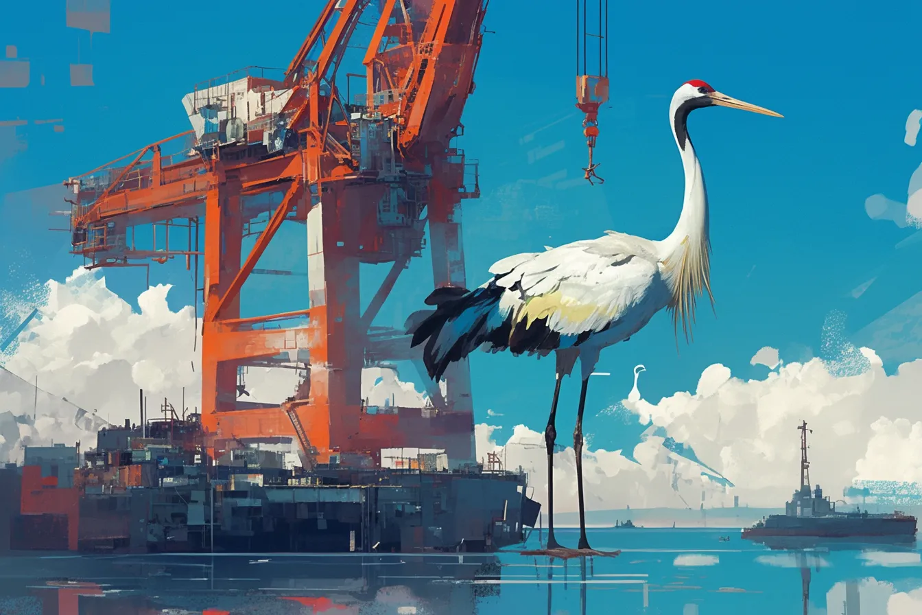 港湾クレーンと鶴の絵｜鮮やかな青空と港湾クレーンを背景に立つ鶴の絵は、産業の風景に自然の象徴を融合させたユニークな構図です。革新や共存を表現し、企業の広告や広報素材に効果的です。
