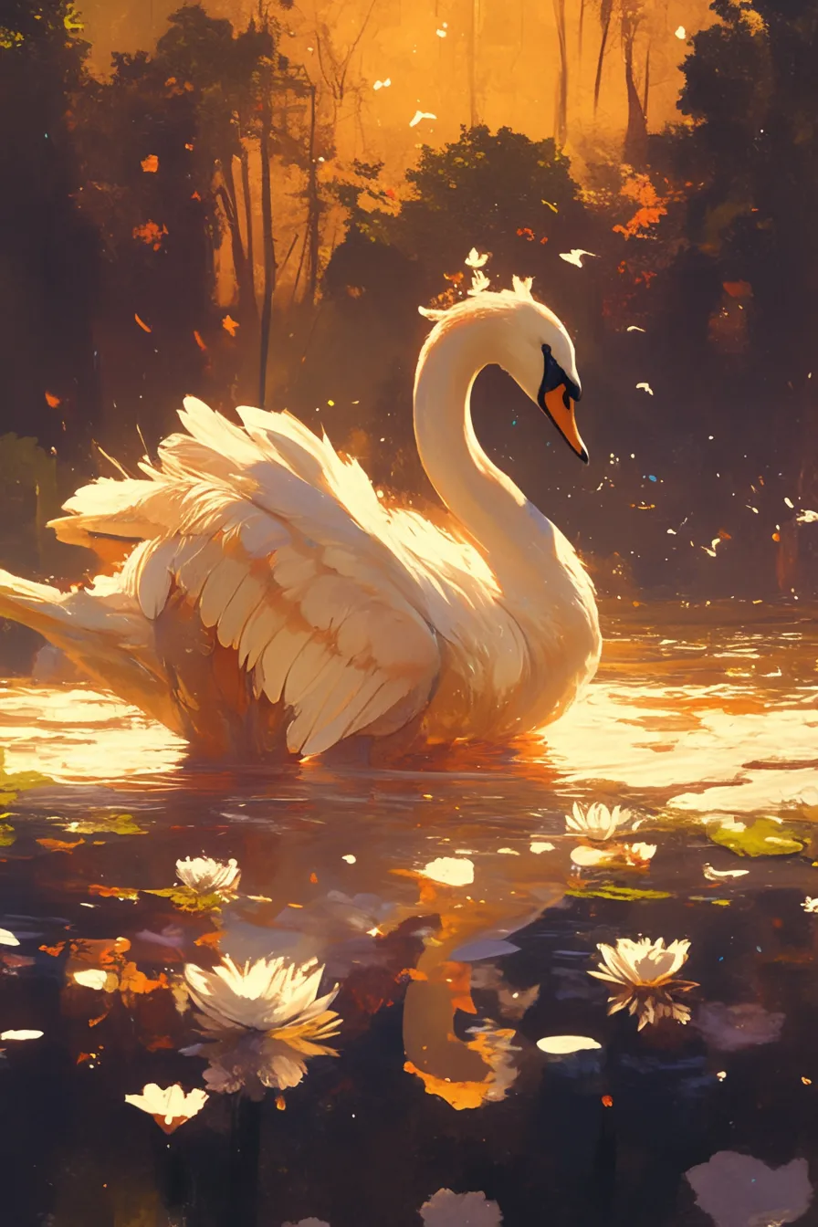 黄金色の湖面に舞う白鳥の絵｜黄金色の湖面に羽を広げた白鳥の絵は、光と水面の反射がドラマチックな印象を与えます。高級感や感動を演出でき、ブランド広告やプレゼン資料の強調要素として効果的です。