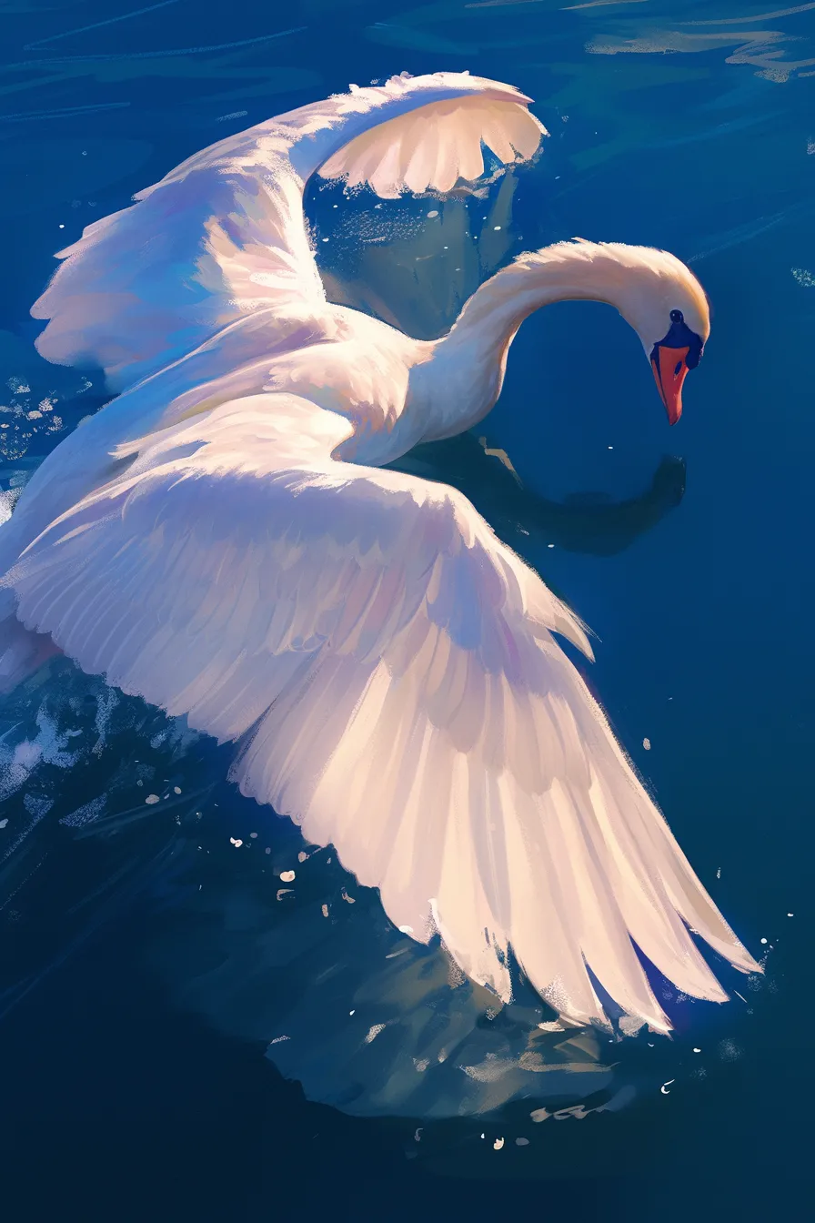 青い水面を羽ばたく白鳥の絵｜青く澄んだ水面を背景に羽ばたく白鳥の絵は、ダイナミックな動きと清潔感を兼ね備えています。爽やかな印象があり、企業イメージやプロモーション素材に活用しやすい作品です。