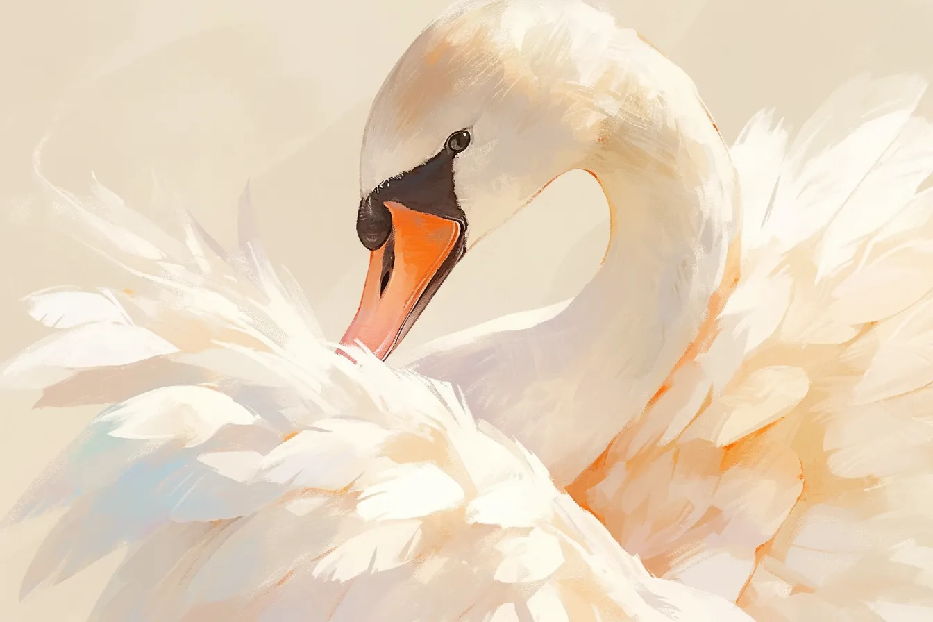 羽を整える白鳥の絵｜柔らかい筆致で羽を整える姿を描いた白鳥の絵は、繊細なタッチと優雅さが際立ちます。落ち着きや丁寧さを象徴するイメージとして、上品なデザイン資料や広告に適しています。
