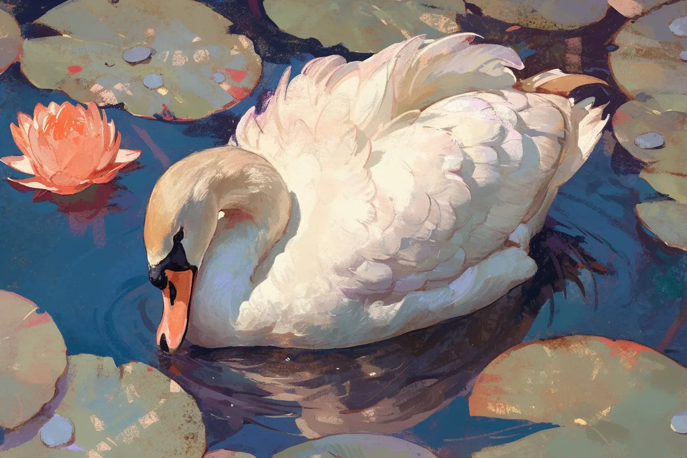 睡蓮に囲まれた白鳥の絵｜水面に浮かぶ睡蓮と共に描かれた白鳥の絵は、穏やかで調和の取れた世界観が魅力です。自然と共生する柔らかな雰囲気が、環境や癒しをテーマにしたビジネス素材に活かせます。
