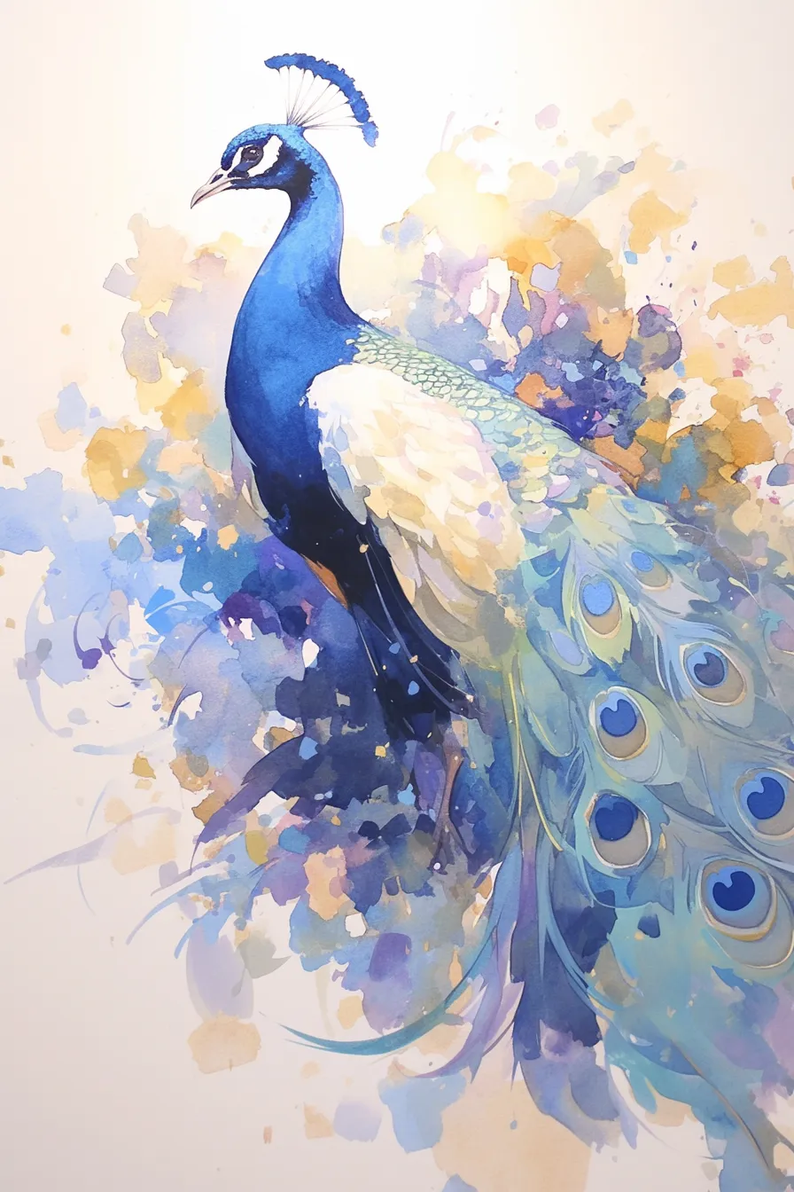 水彩風の華やかな孔雀の絵｜水彩のにじみを活かした華やかな孔雀の絵は、鮮やかなブルーと柔らかな色彩の調和が特徴です。優美で洗練された印象を与え、広告やパンフレットのビジュアル素材として高い活用度があります。
