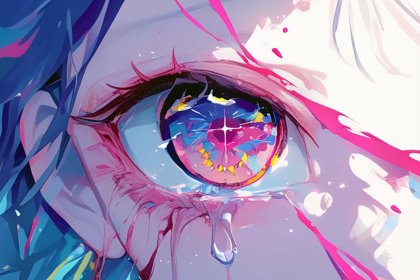 涙をたたえた目の絵｜鮮やかな色彩と涙の表現が印象的な目の絵です。感情を強く訴えるデザインで、感動をテーマとした広告や販促に効果を発揮します。