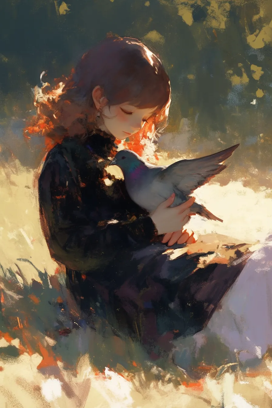 少女と寄り添うハトの絵｜柔らかな光に包まれた少女とハトの絵は、温もりある雰囲気が魅力です。優しさと穏やかさを象徴する表現として、ヒューマンタッチを重視したビジネス素材に適しています。