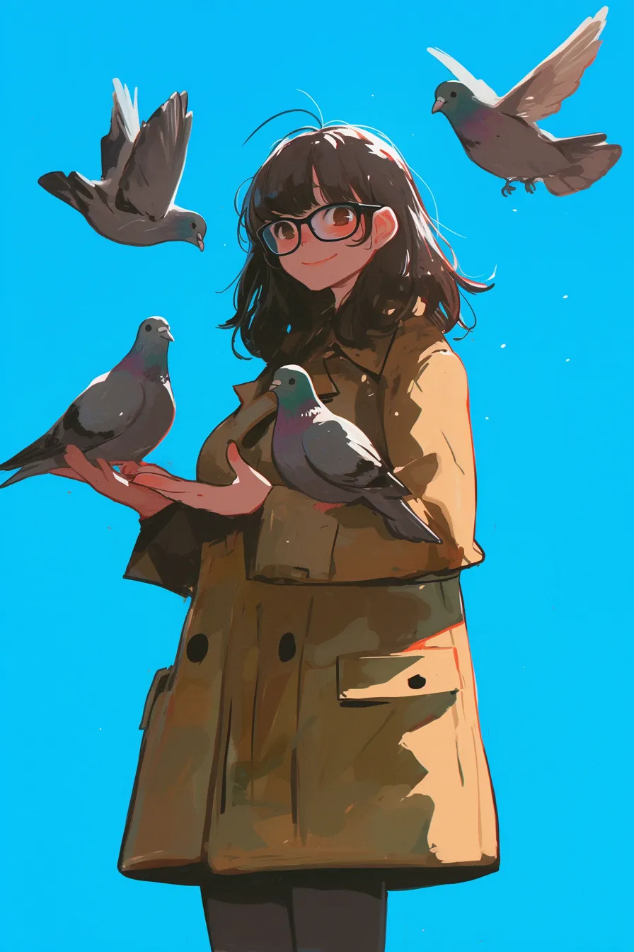 明るい背景と女性のハトの絵｜鮮やかなブルーを背景に女性と複数のハトを描いたハトの絵は、ポップで親しみやすい印象を持ちます。明るく楽しい雰囲気を伝える素材として、広告や企画資料に活用可能です。
