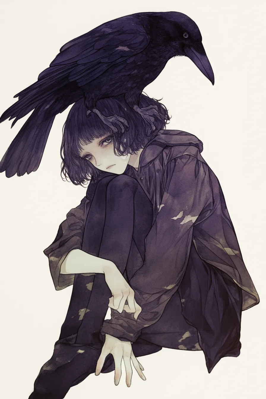 孤独な少女とカラスの絵｜淡い色合いで描かれた少女と大きなカラスが印象的な構図です。静寂と幻想を感じさせる画風が、ビジネス写真素材として独自の存在感を持ち、カラスの絵ならではの神秘的な雰囲気を演出しています。