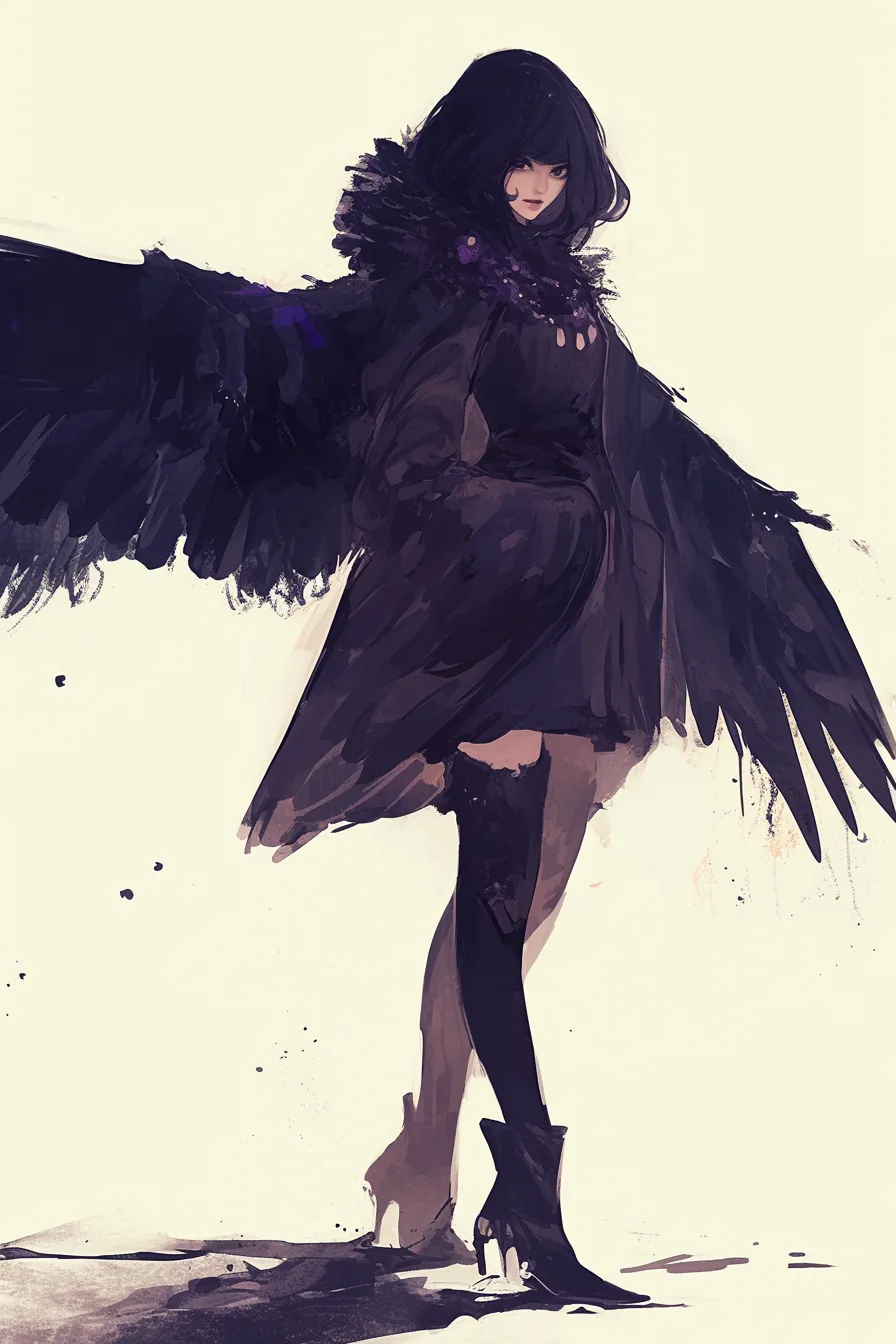 黒衣の女性と翼広げるカラスの絵｜シンプルな背景に黒い衣装と翼を持つ女性が立つ姿が描かれ、洗練されたモダンな印象を与えます。ビジネス素材としても使いやすく、カラスの絵が持つ妖しさとスタイリッシュさが共存しています。