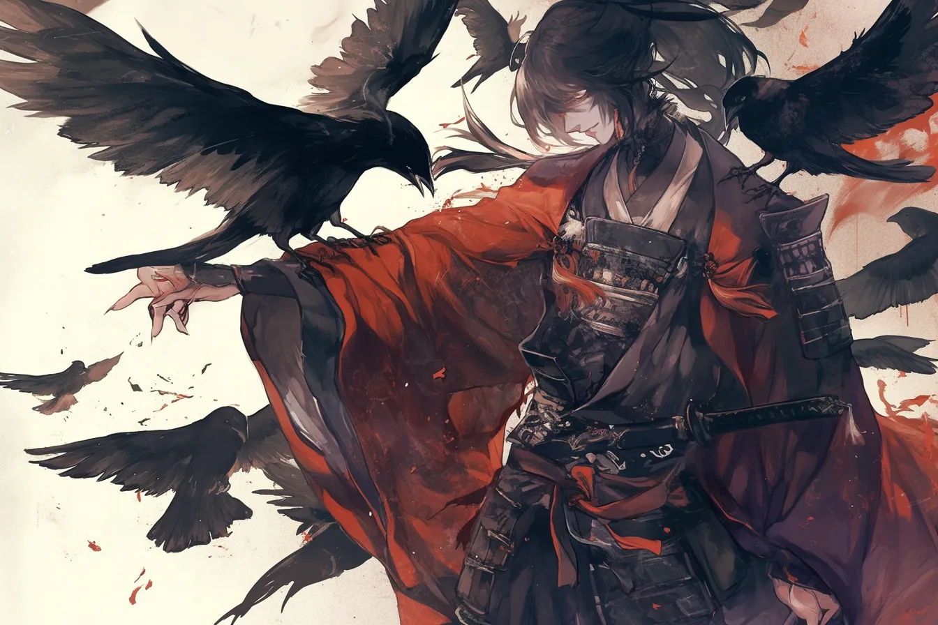 武士姿の人物とカラスの絵｜鎧をまとった人物と飛び交うカラスが和の雰囲気を漂わせ、伝統と幻想を融合させたビジュアルです。歴史的な企画や演出用としても映える、物語性を強調したカラスの絵に仕上がっています。