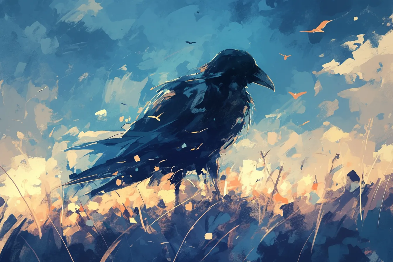 草原に佇むカラスの絵｜青空と黄金色の草原を背景に黒いカラスが描かれ、自然と対比する存在感が魅力です。柔らかい筆致と爽やかな色彩が、ナチュラル系のビジネス素材としても使いやすいカラスの絵となっています。