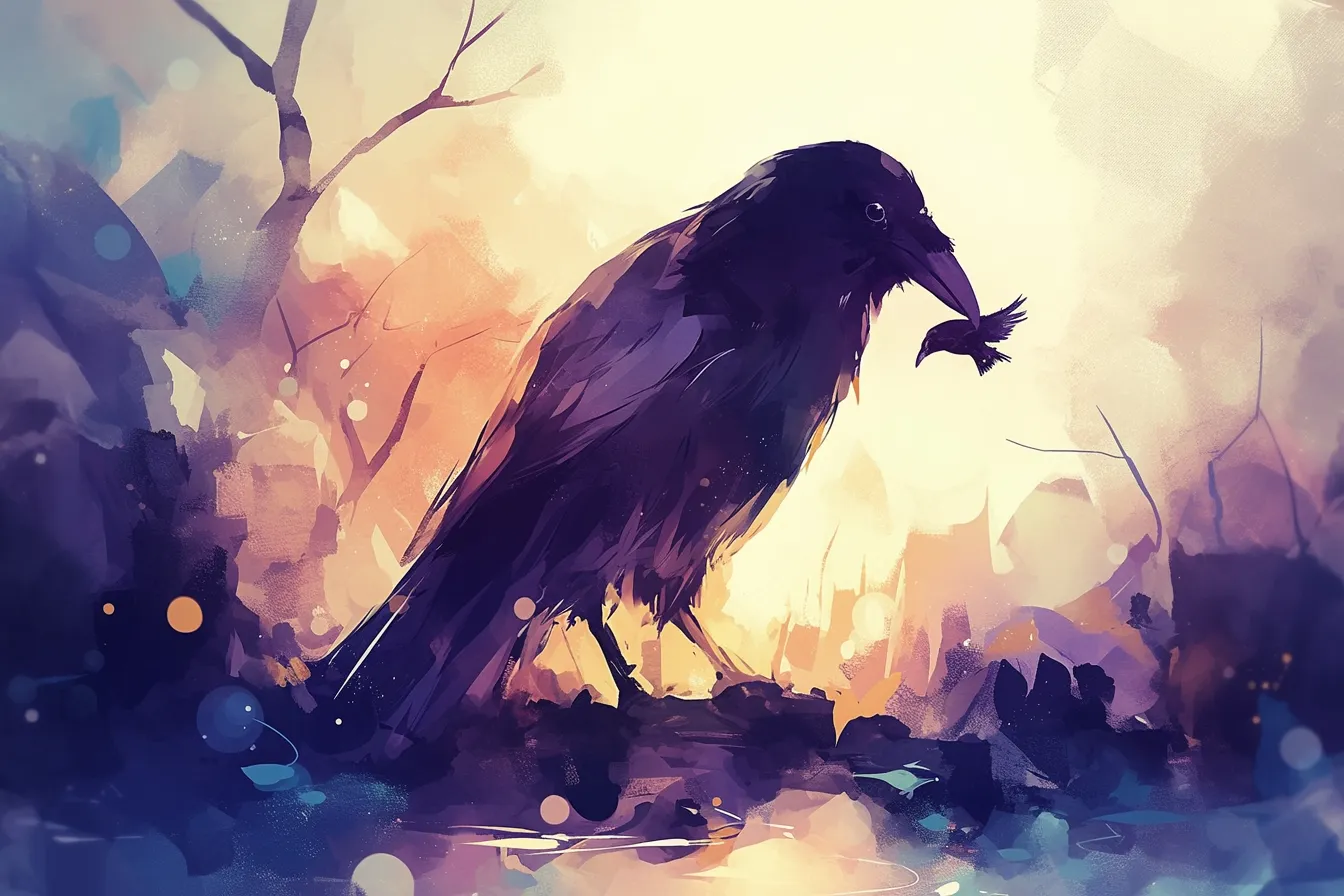 夕暮れに小枝をくわえるカラスの絵｜淡い光に包まれた背景の中で、小枝をくわえるカラスが印象的に描かれています。幻想的で温かみのある画風が、ストーリー性のある演出に適したカラスの絵として効果的です。
