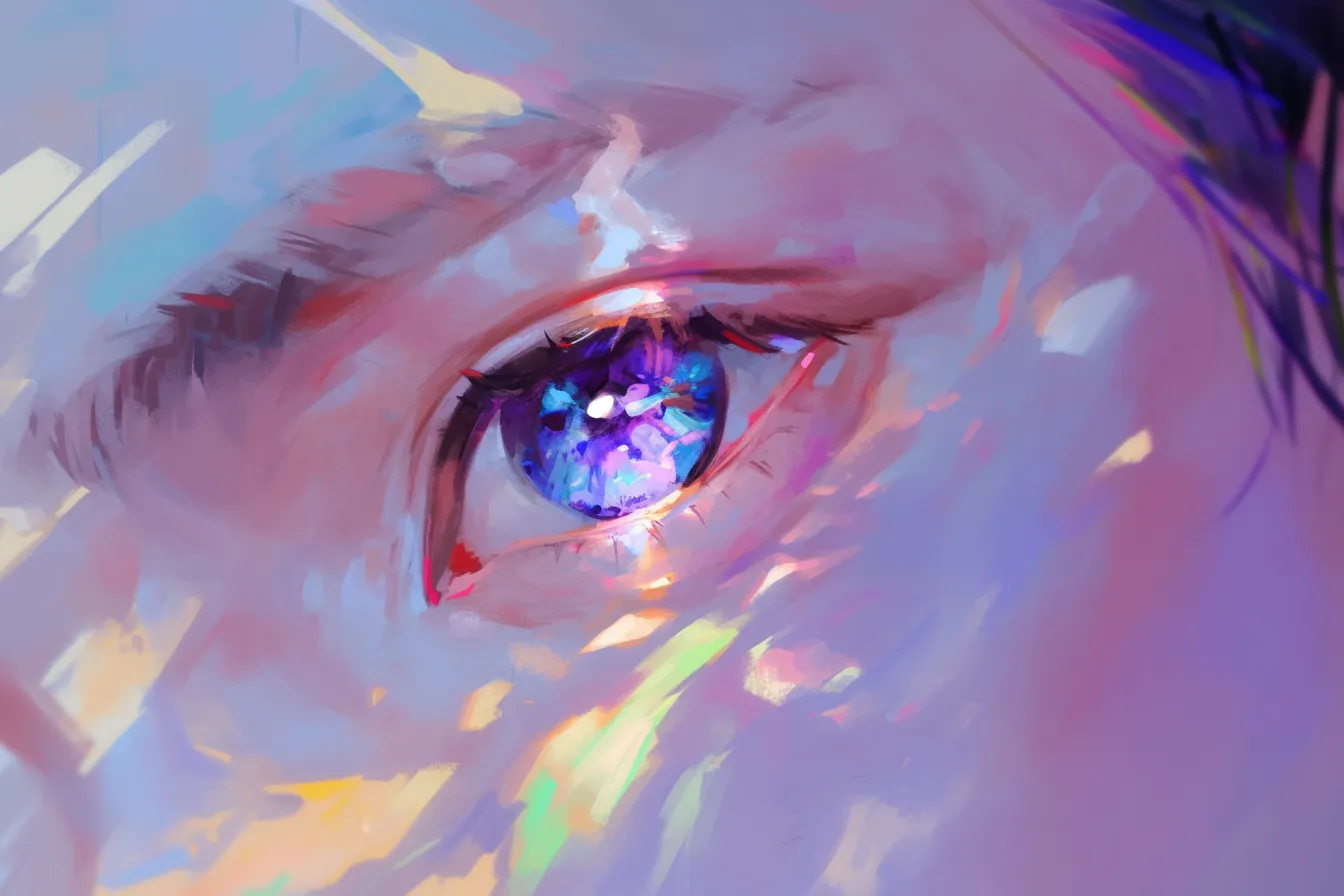 幻想的な輝きを放つ目の絵｜淡い紫と青を基調とした幻想的な目の絵です。光の反射が柔らかく表現され、広告やアート関連のビジュアルに清涼感と魅力を与える素材です。