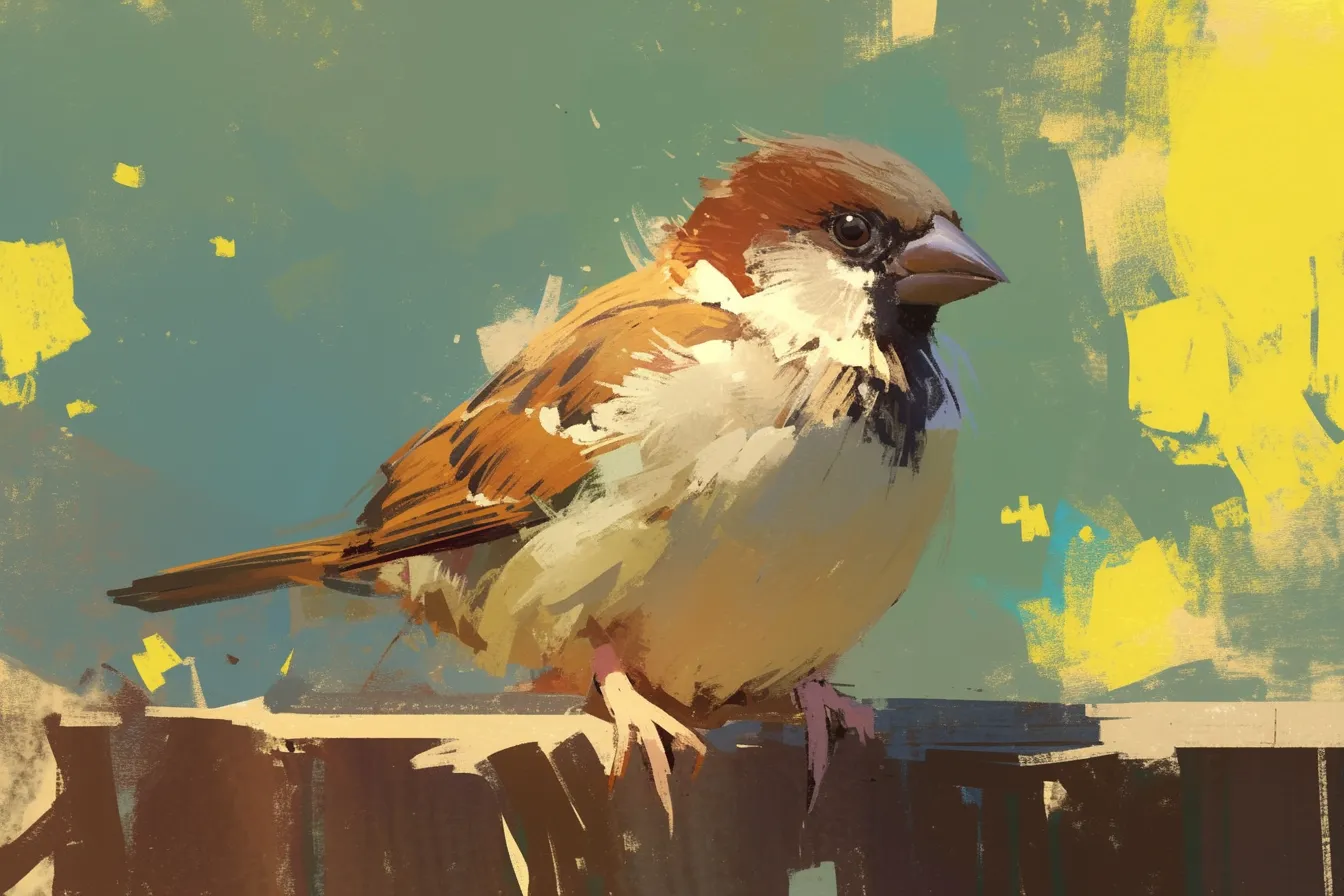 色彩豊かなタッチのスズメの絵｜大胆な筆致と鮮やかな色の重なりで描かれたスズメは、アート性の高い仕上がりです。独自の個性を感じさせる表現が、広告やクリエイティブデザインに効果的なスズメの絵となっています。