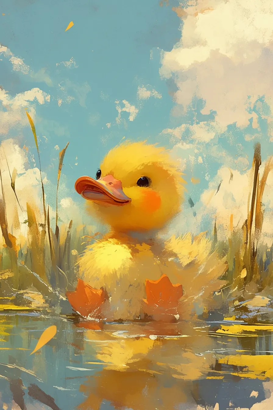 青空の下で泳ぐひなアヒルの絵｜澄んだ空と水面を背景に、元気に泳ぐ黄色いひなアヒルが可愛らしく描かれています。爽やかな色彩と柔らかなタッチが魅力で、広告や子ども向けの媒体に活用できるアヒルの絵です。