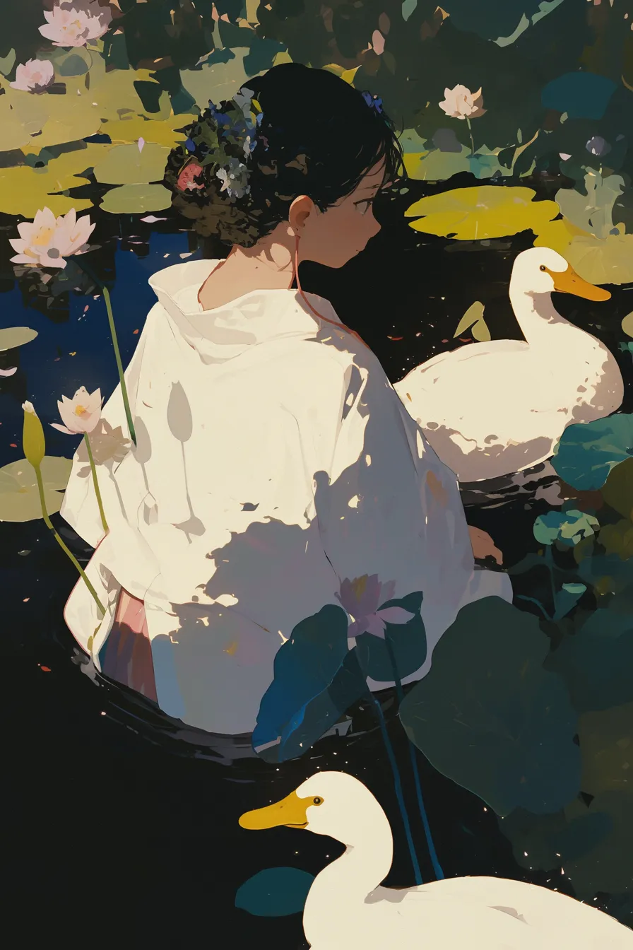 女性と白いアヒルの絵｜蓮の花に囲まれた池で白い衣装の女性とアヒルが描かれ、静謐で幻想的な雰囲気を醸し出しています。和の趣を感じる画風が特徴で、落ち着いた企画に最適なアヒルの絵です。