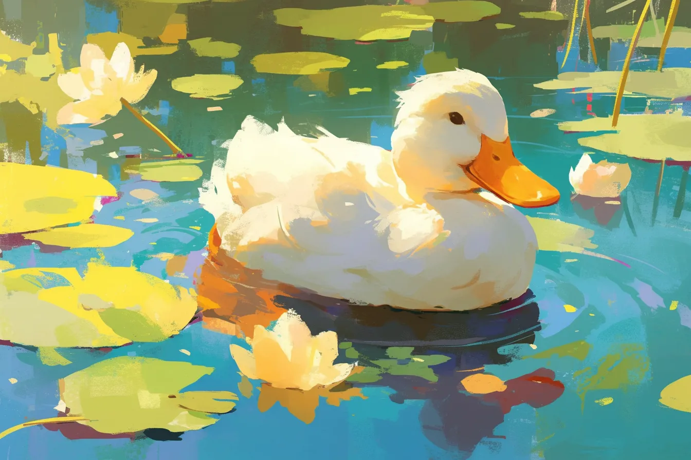 睡蓮に囲まれたアヒルの絵｜水面に浮かぶ睡蓮とともに描かれたアヒルが清らかな印象を与えています。鮮やかな色合いと柔らかな光の表現が美しく、自然やリラックス感を強調するビジネス素材として適したアヒルの絵です。