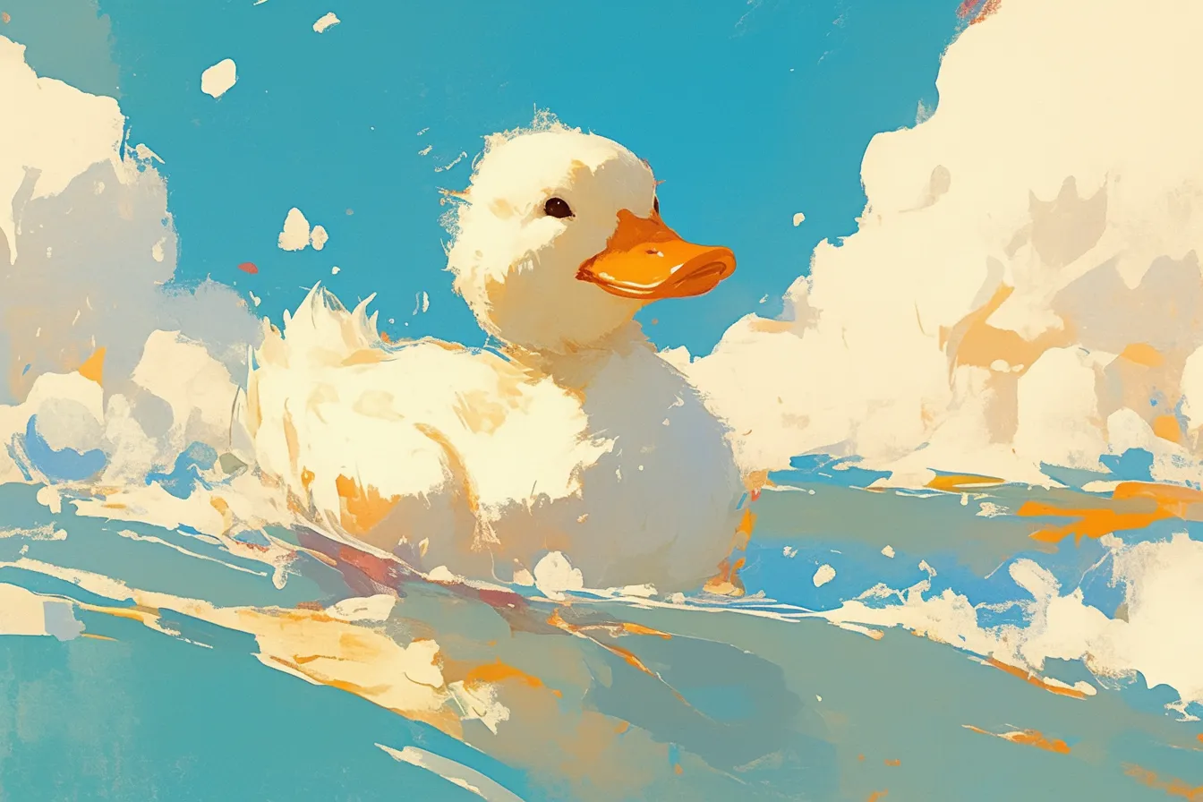 波間で遊ぶアヒルの絵｜青空と白い波の中でアヒルが楽しげに泳ぐ姿が描かれ、爽快感あふれる表現となっています。軽快な雰囲気が特徴で、夏やアクティブなイメージを伝えるビジネス素材として使えるアヒルの絵です。