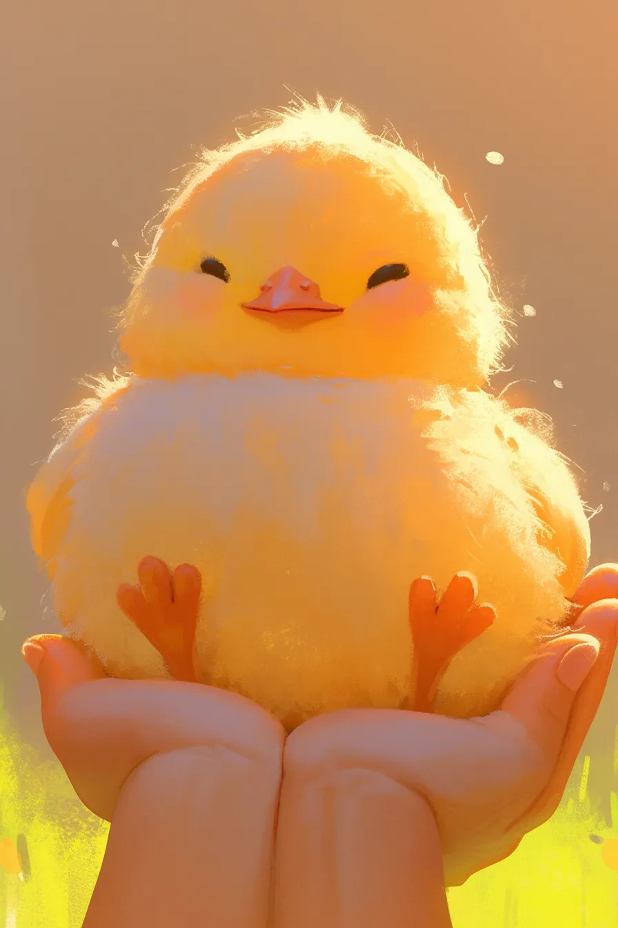 手のひらにのる丸いひよこの絵｜手のひらに大切に包まれたひよこが柔らかい光で描かれ、温もりと安心感を伝えています。ビジネス素材としても親しみやすく、愛らしさを表現できるひよこの絵です。