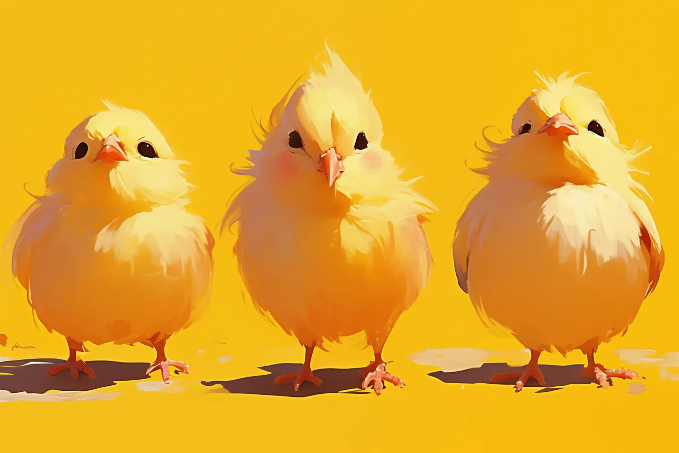黄色背景に並ぶ三羽のひよこの絵｜鮮やかな黄色の背景に三羽のひよこが整列するシンプルな構図が印象的です。明快でポップな画風が特徴で、デザイン性を重視する媒体に活用できるひよこの絵です。