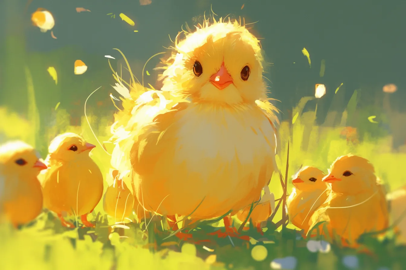 草原で群れるひよこの絵｜草原の中で複数のひよこが描かれ、光に包まれるような温かい雰囲気を感じさせます。柔らかなタッチと明るい色彩が特徴で、自然や癒しを表現するシーンに適したひよこの絵です。