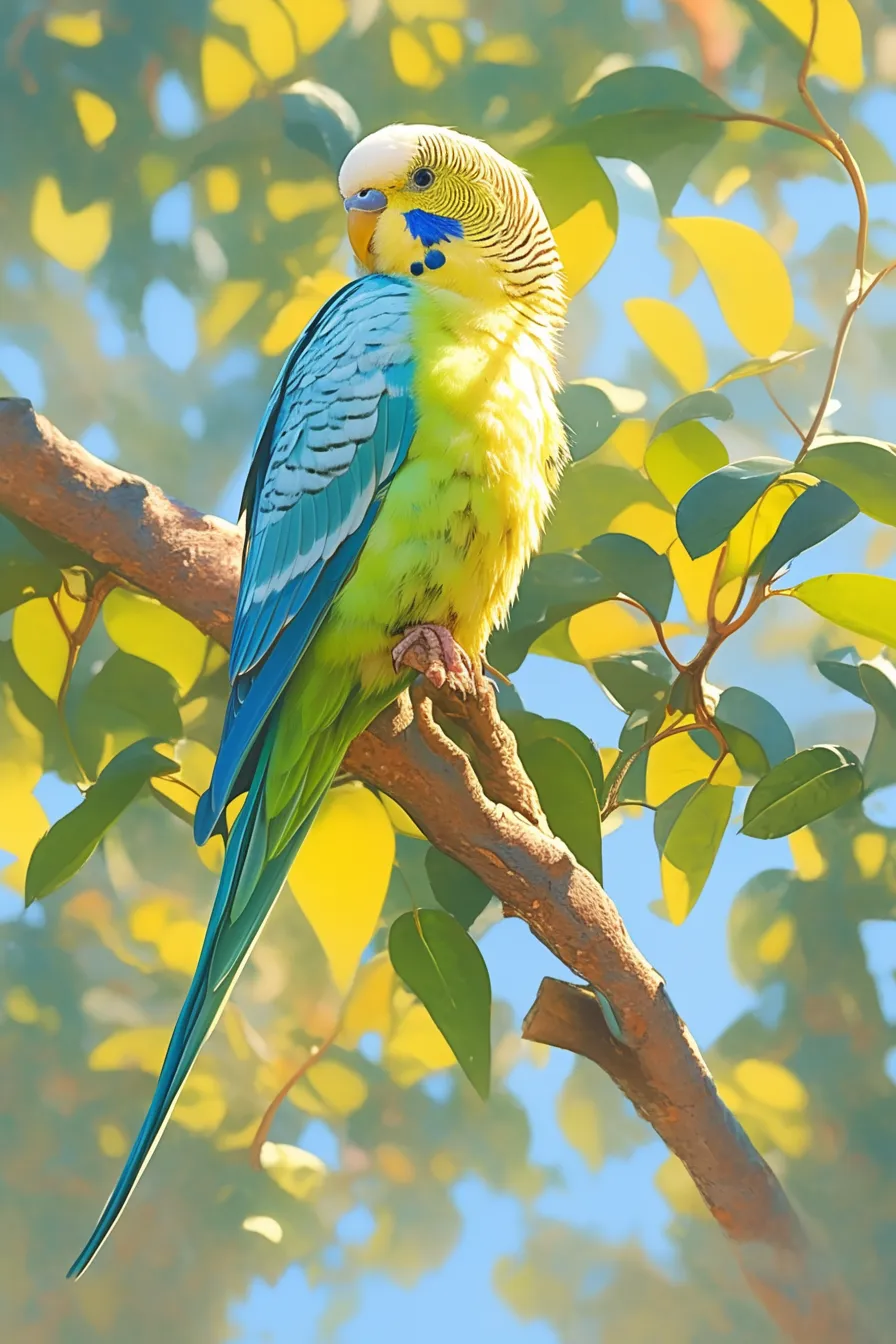 枝にとまる青いインコの絵｜鮮やかな青と緑の羽を持つインコが枝にとまる姿が写実的に描かれています。自然な光と色彩表現が美しく、観賞用や教育関連の素材に適したインコの絵です。